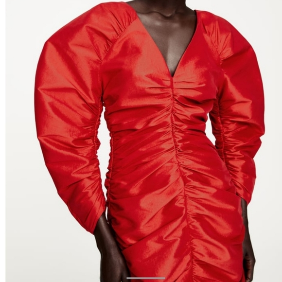 Zara Red V neck draped long sleeve mini dr… - Picture 5 of 9